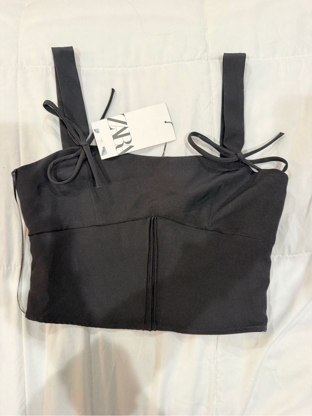 Zara Black Cropped Tie-Shoulder Tank